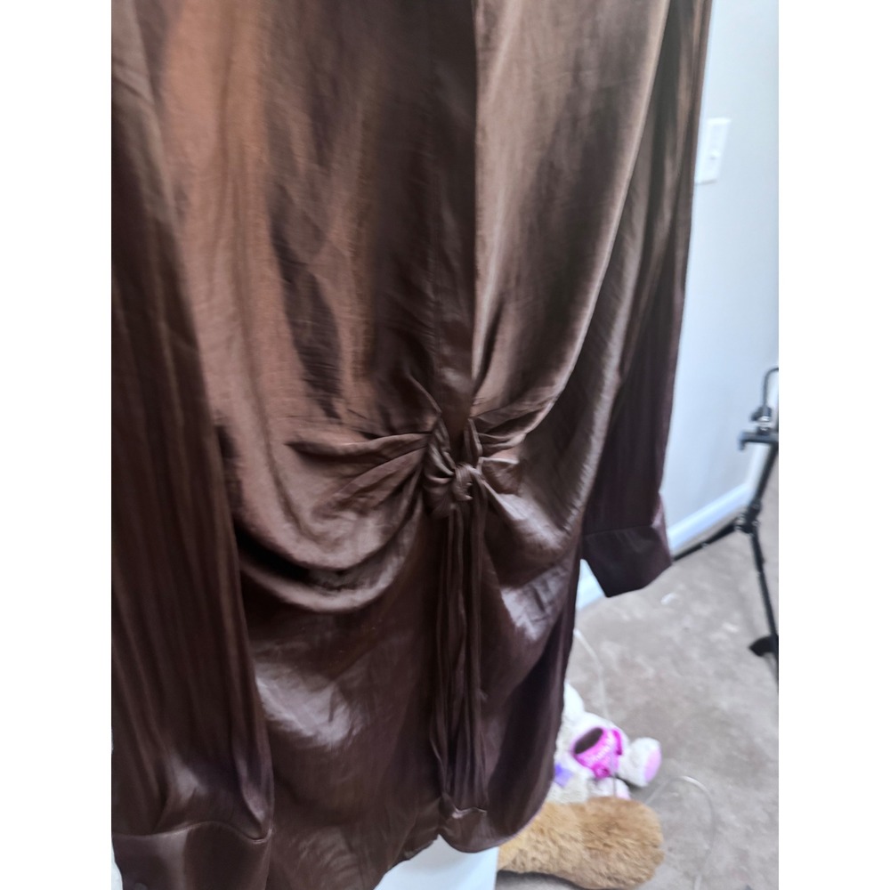 Steve Madden Tie Curious Satin Shirt Dress L Chocolate Brown Tie Front Mini - Picture 9 of 10